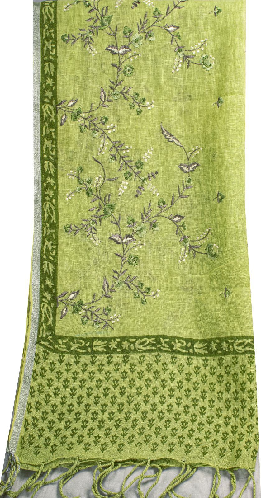 Sanskriti Vintage Dupatta/Stole Green Pure Cotton Embroidered-Hand-Woven Fabric