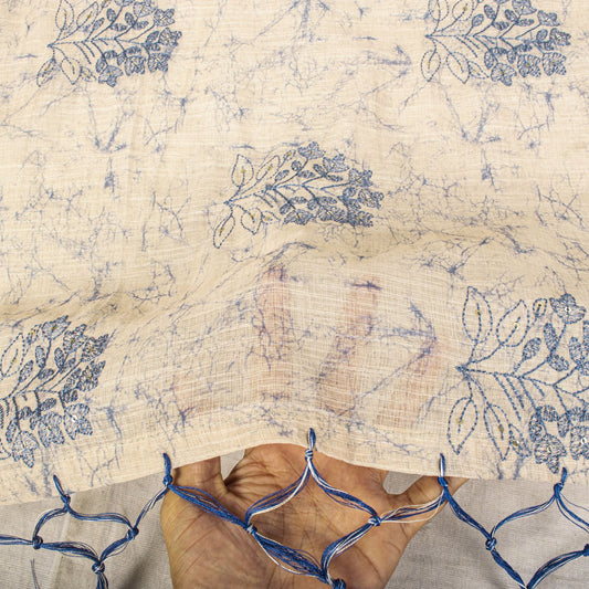 Sanskriti Vintage Dupatta/Stole Off-White-Blue Cotton Batik-Embroidered Veil
