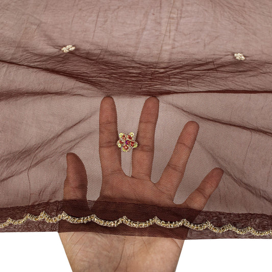 Sanskriti Vintage Dupatta/Stole Brown Net Hand Embroidered Zardozi Wedding Veil