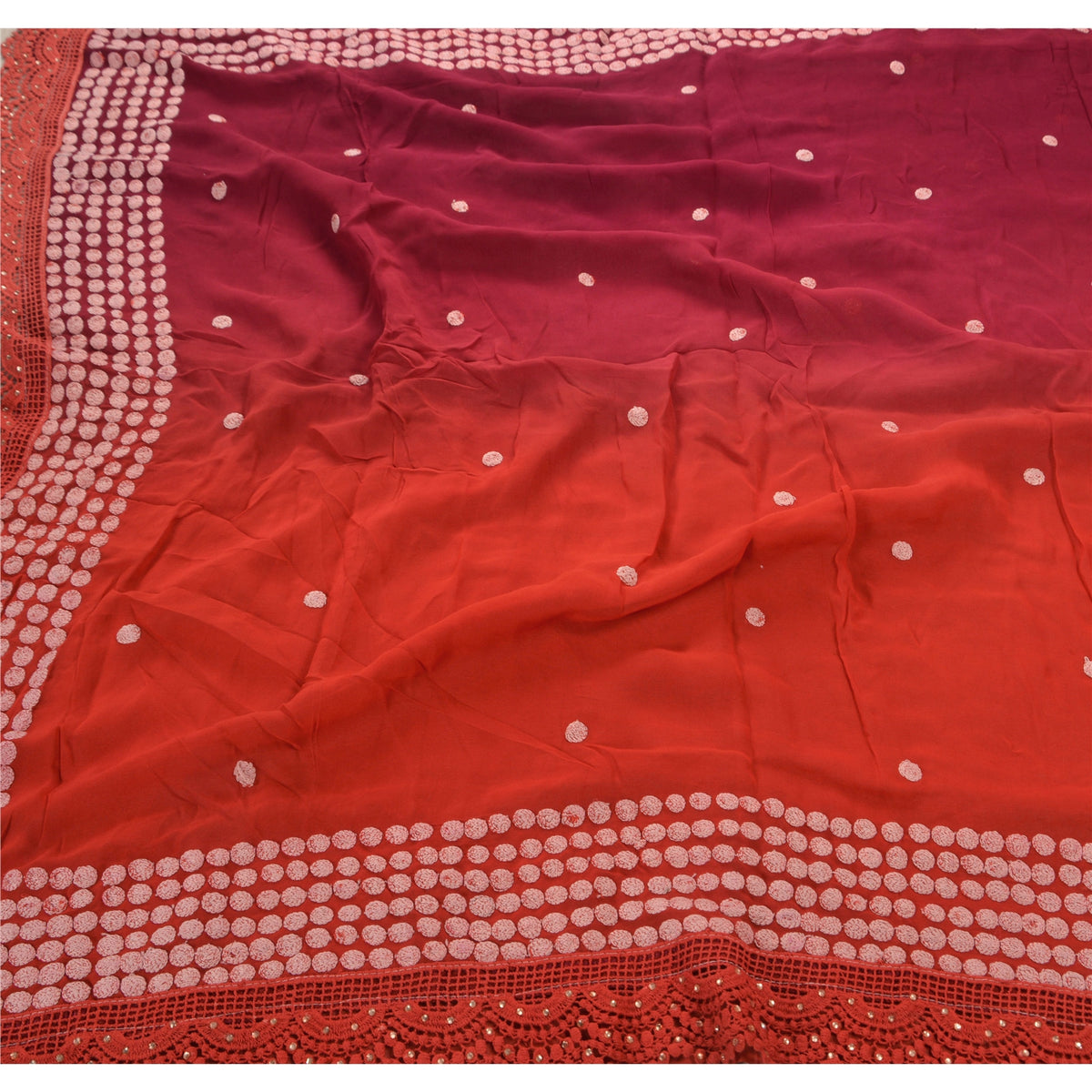 Embroidered Pure Georgette Silk Vintage Saree Red Wedding Partywear Sari 5 Yard Craft Fabric Sewing Indian Textile Heritage By KreatvKraft