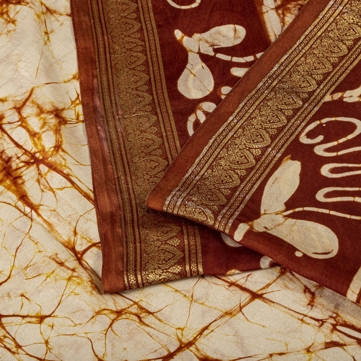 Sanskriti Vintage Batik Work-Zari Border Pure Silk Saree White-Brown Sari Fabric