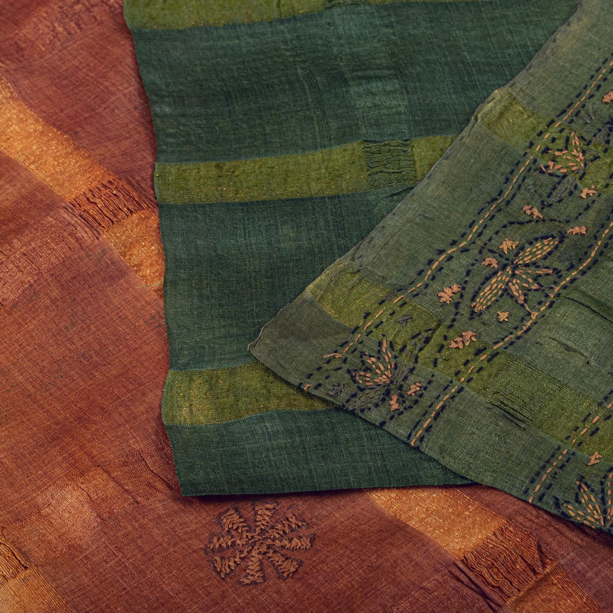 Sanskriti Vintage Hand Embroidery Kantha-Woven Pure Silk Saree Orange-Green Sari