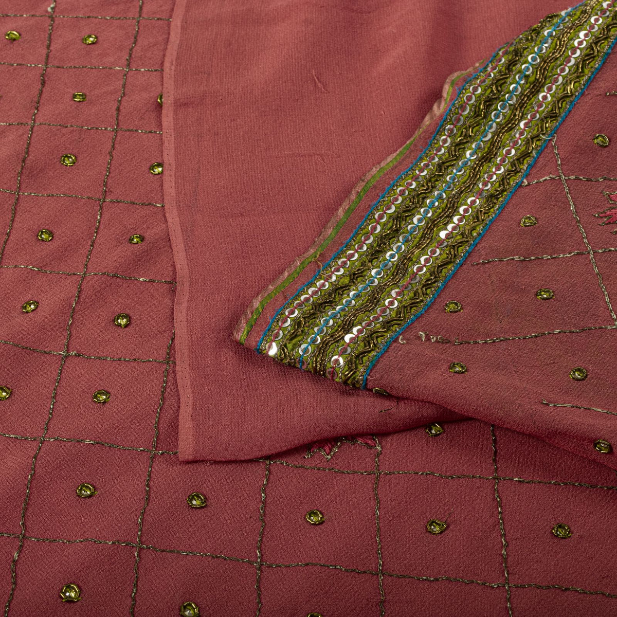 Sanskriti Vintage Hand Embroidered Pure Georgette Saree Pink Sari Craft Fabric