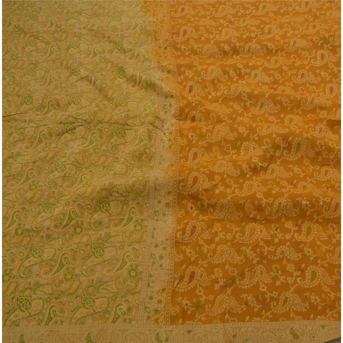 Jacquard Paisley Woven 100% Pure Silk Vintage Saree Mustard Wedding Partywear Sari 5 Yard Craft Fabric Dress Making, Upcyling By KreatvKraft