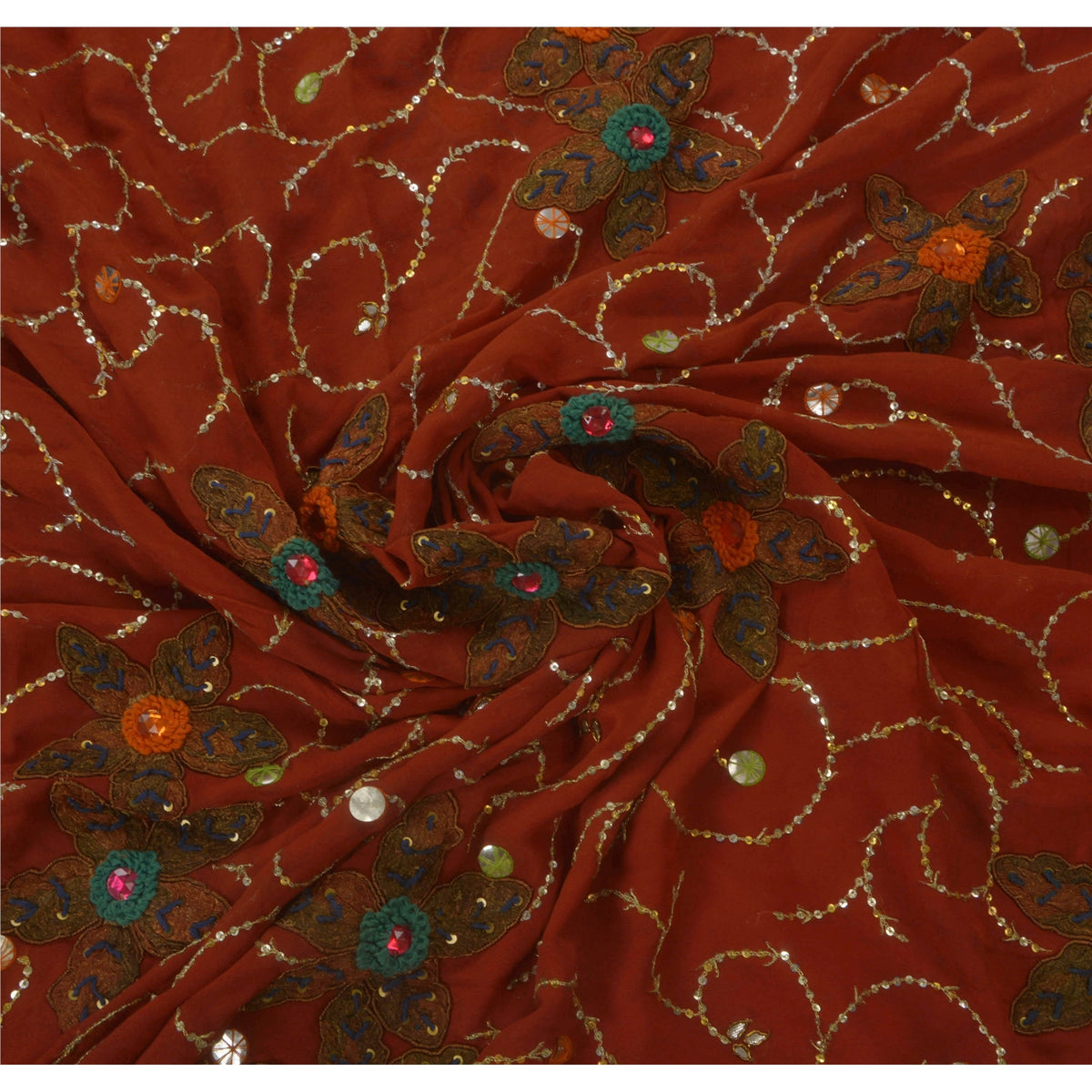 Hand Embroidered Gota Patti Vintage Saree Brown Pure Georgette 5.5+Yard Sari Craft Fabric Wedding Partywear Indian Dressing By KreatvKraft