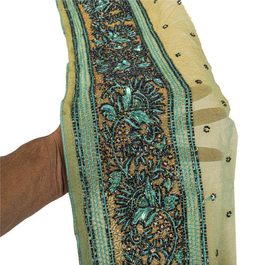 Sanskriti Vintage Hand Beaded Heavy 1 Yard Sari Border Green Trim Georgette Lace