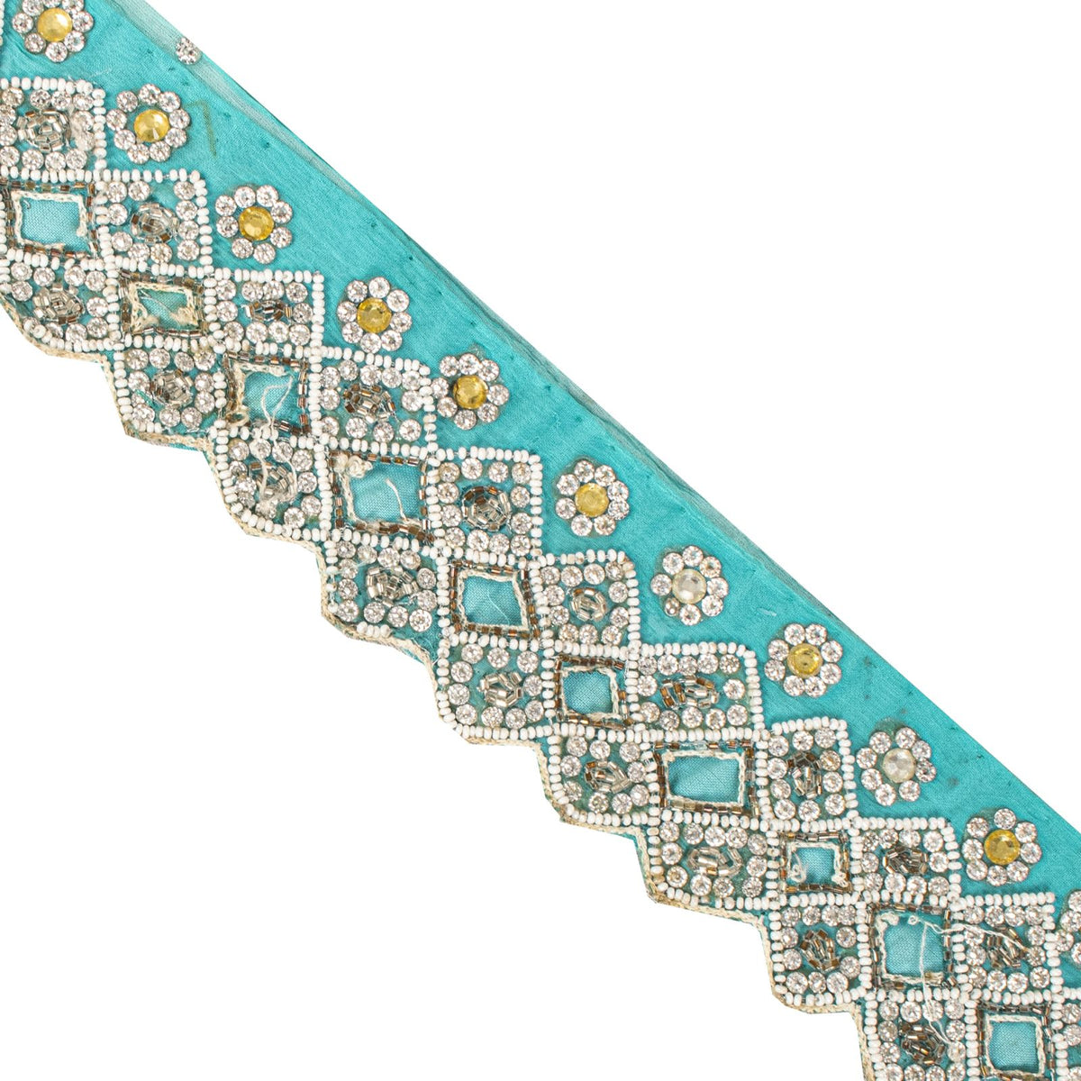 Sanskriti Vintage Hand Bead Pure Chiffon 1 Yd 2.5"W Sari Border Blue Craft Lace