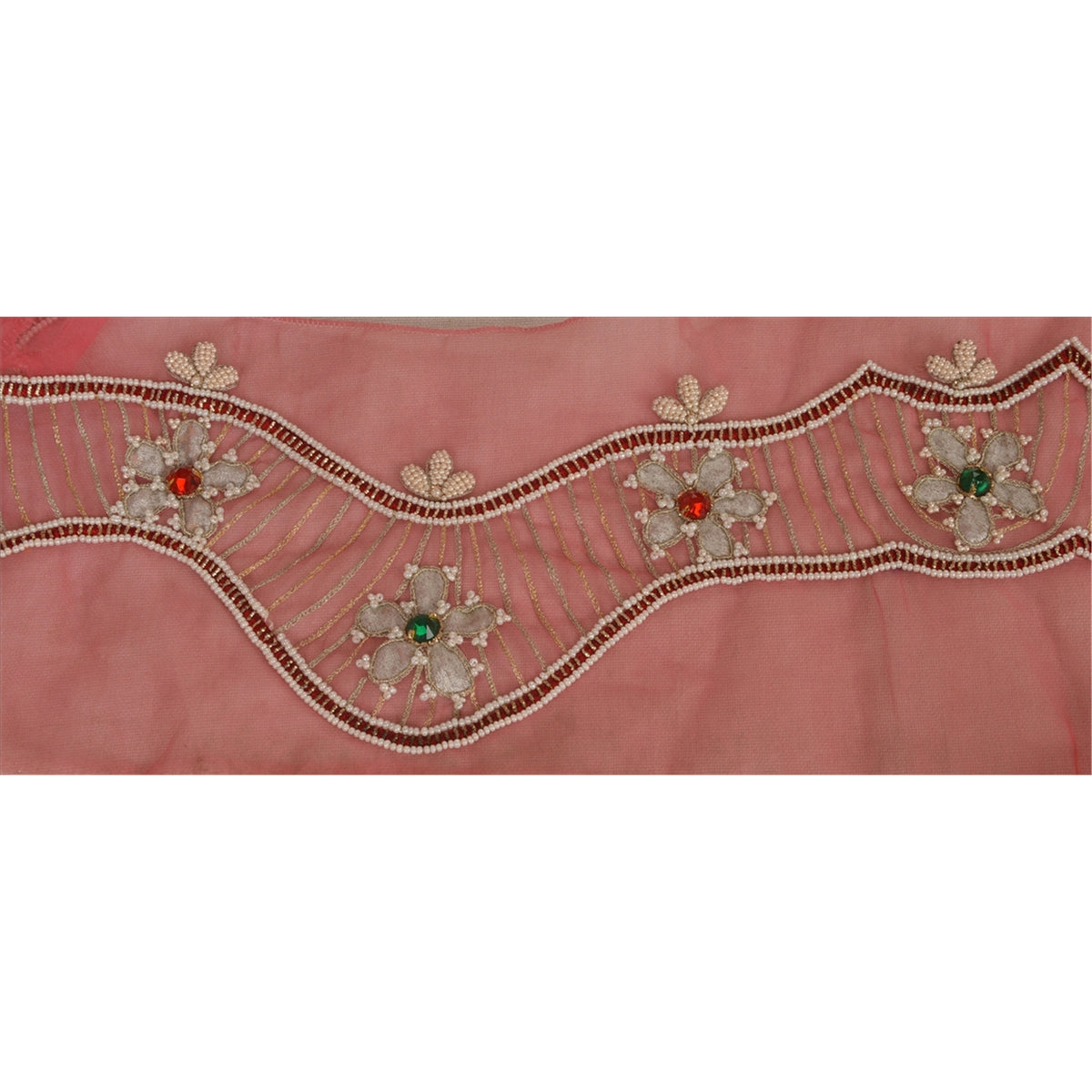 Sanskriti Vintage Hand Beaded Heavy 1 Yard Sari Border Georgette Pink Craft Lace