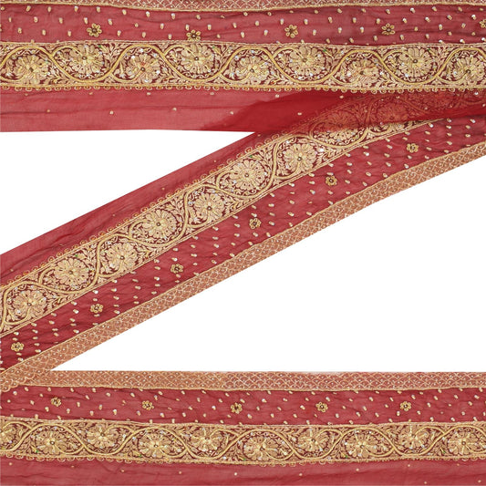 Sanskriti Vintage Hand Embroidered Chiffon Heavy Sari Border 1 Yd 6.4"W Red Lace
