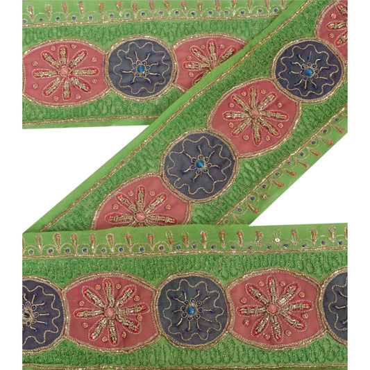 Sanskriti Vintage Hand Embroidered Georgette Heavy Sari Border 1 Yd Green Lace