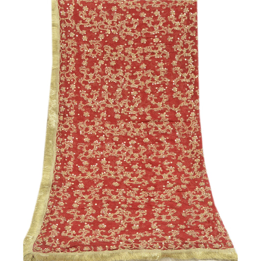 Sanskriti Vintage Dark Red Pure Georgette Silk Dupatta Long Hand Beaded Zari Zardozi Dabka Sequins Stole Uses-Table linen, Cushions