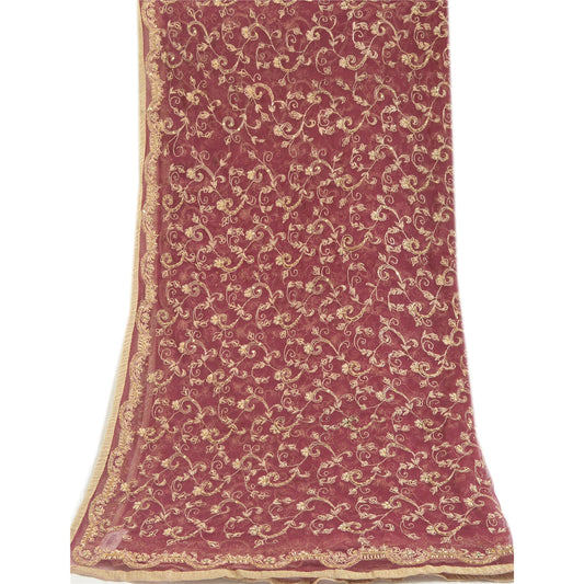 Sanskriti Vintage Wine Long Dupatta Net Mesh Hand Beaded Sustainable Fabric Zari Work Stole