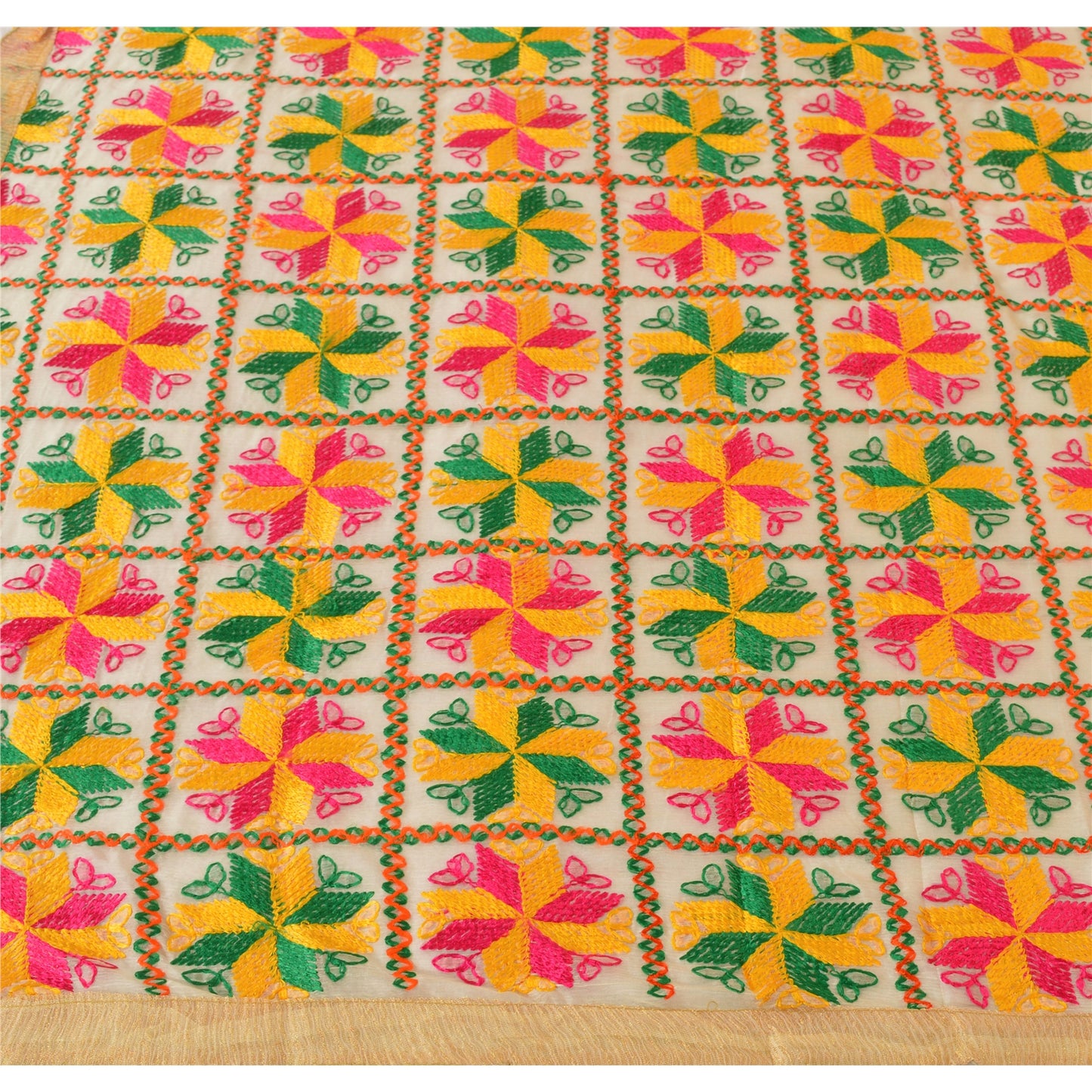 Sanskriti Vintage Cream Dupatta Long Stole Ooak Chiffon Silk Hand Embroidered Phulkari Veil From Himachal Panjab Of India Textile Heritage