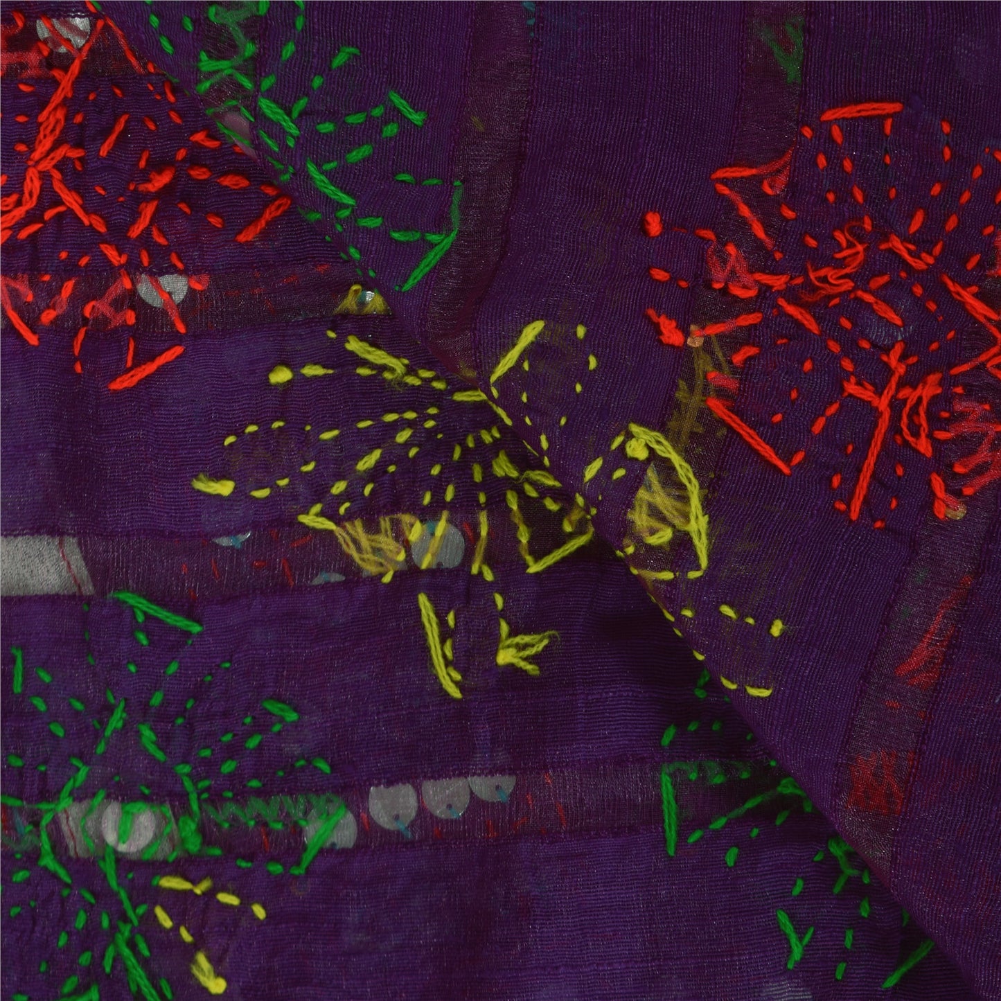 Sanskriti Vintage Purple Dupatta 100% Pure Georgette Long Stole Hand Embroidered Phulkari Veil Crafting, Upcycling, Recycling, DressMaking