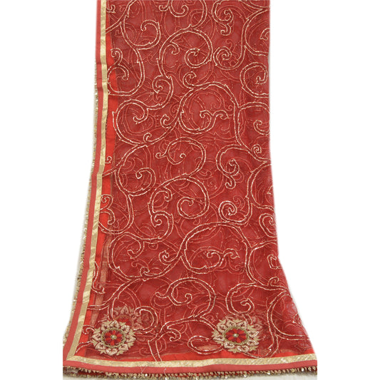 Sanskriti Vintage Red Dupatta Long Stole Net Mesh Hand Beaded Wrap Bridal Veil