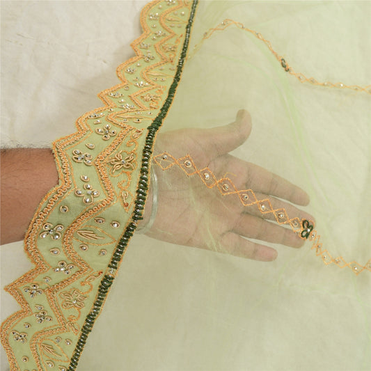 Sanskriti vintage Green Dupatta Long Stole Net Mesh Hand Beaded Zardozi Scarves