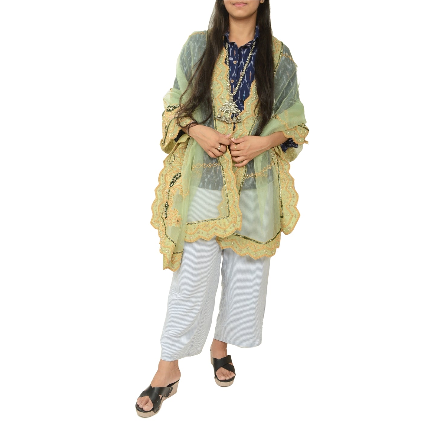 Sanskriti vintage Green Dupatta Long Stole Net Mesh Hand Beaded Zardozi Scarves