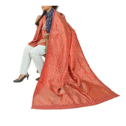 Sanskriti Vintage Red Dupatta Pure Silk Stole Hand Beaded Woven Brocade Veil