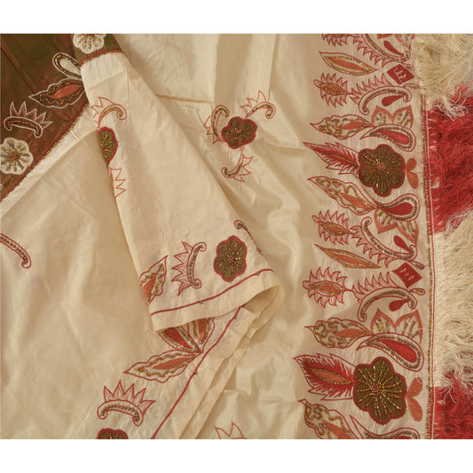 Sanskriti Vintage Ivory Long Dupatta 100% Pure Silk Stole Hand Beaded Veil