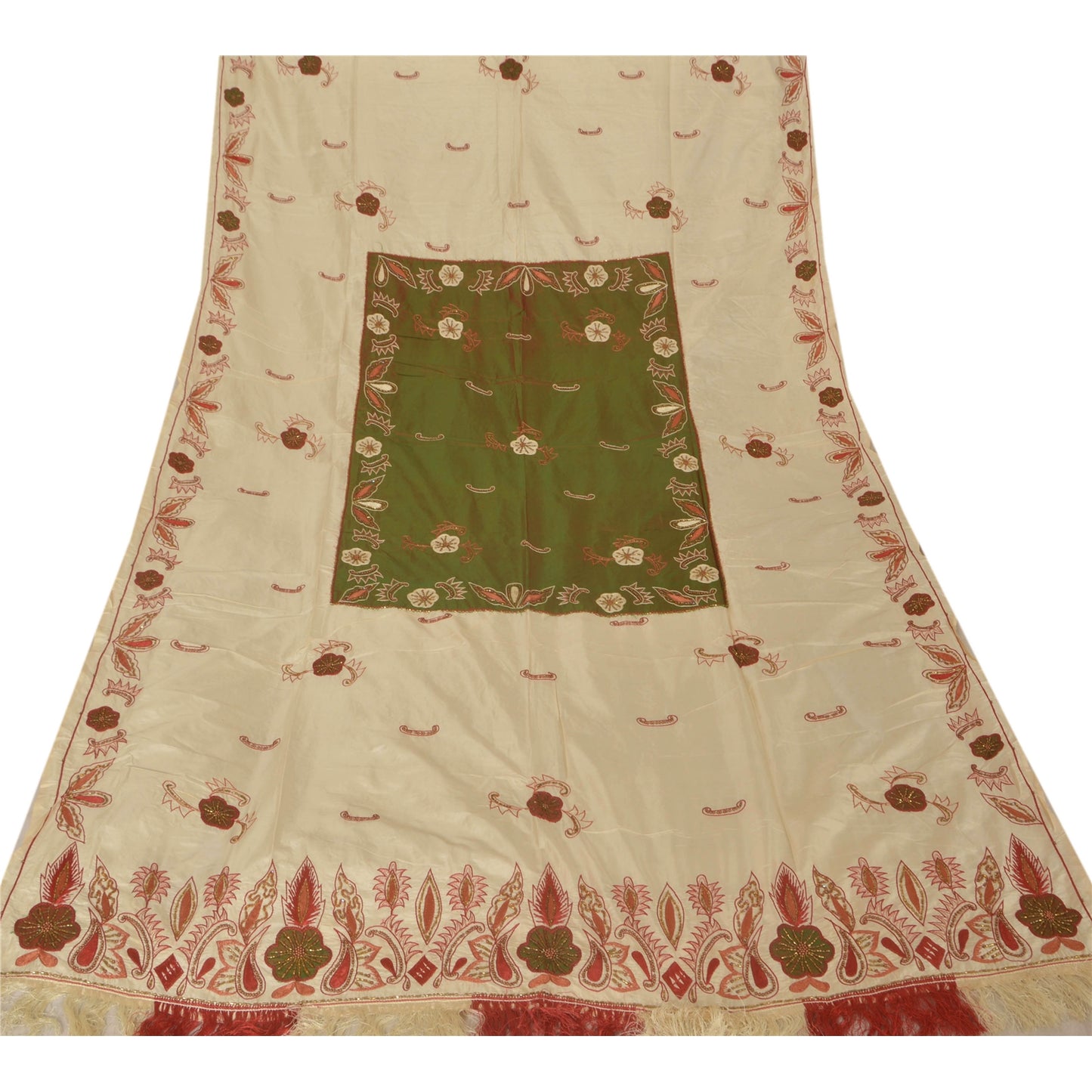 Sanskriti Vintage Ivory Long Dupatta 100% Pure Silk Stole Hand Beaded Veil