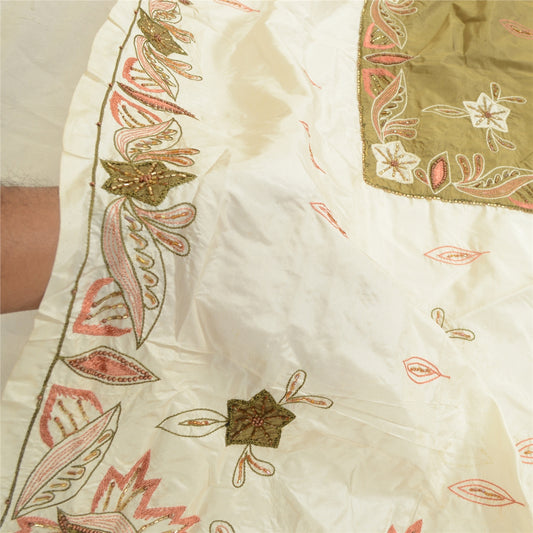 Sanskriti Vintage Dupatta Ivory Pure Silk Stole Hand Bead Zari Veil Ethnic Veil