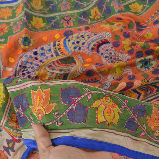 Sanskriti Vintage Cream Long Dupatta Stole Chanderi Hand Embroidered Kantha Veil