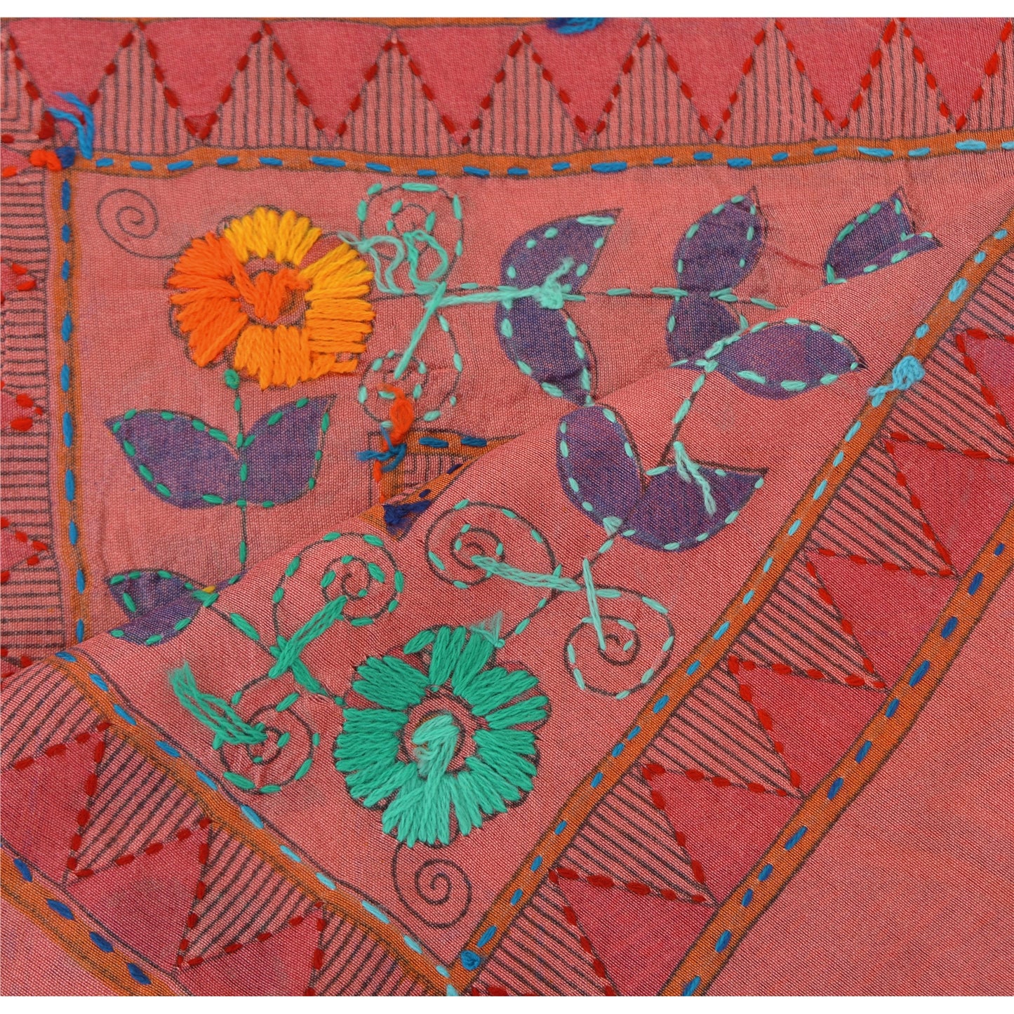 Sanskriti Vintage Pink Dupatta/Stole Chanderi Handmade Madhubani & Kantha Scarve