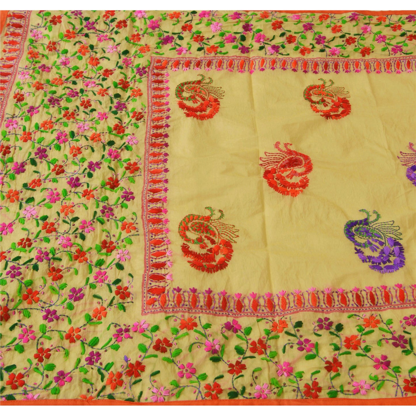 Sanskriti Vintage New Cream Dupatta Hand Embroidered Kantha Stole Chanderi Silk Bengal For Dressmaking,Craft Supplies,Upcyclers,Decor