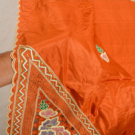 Sanskriti Vintage Orange Dupatta Stole Pure Silk Embroidered Patch Women Veil