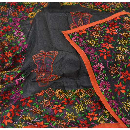 Sanskriti New Black Indian Dupatta Hand Embroidered Kantha Stole Chanderi Silk
