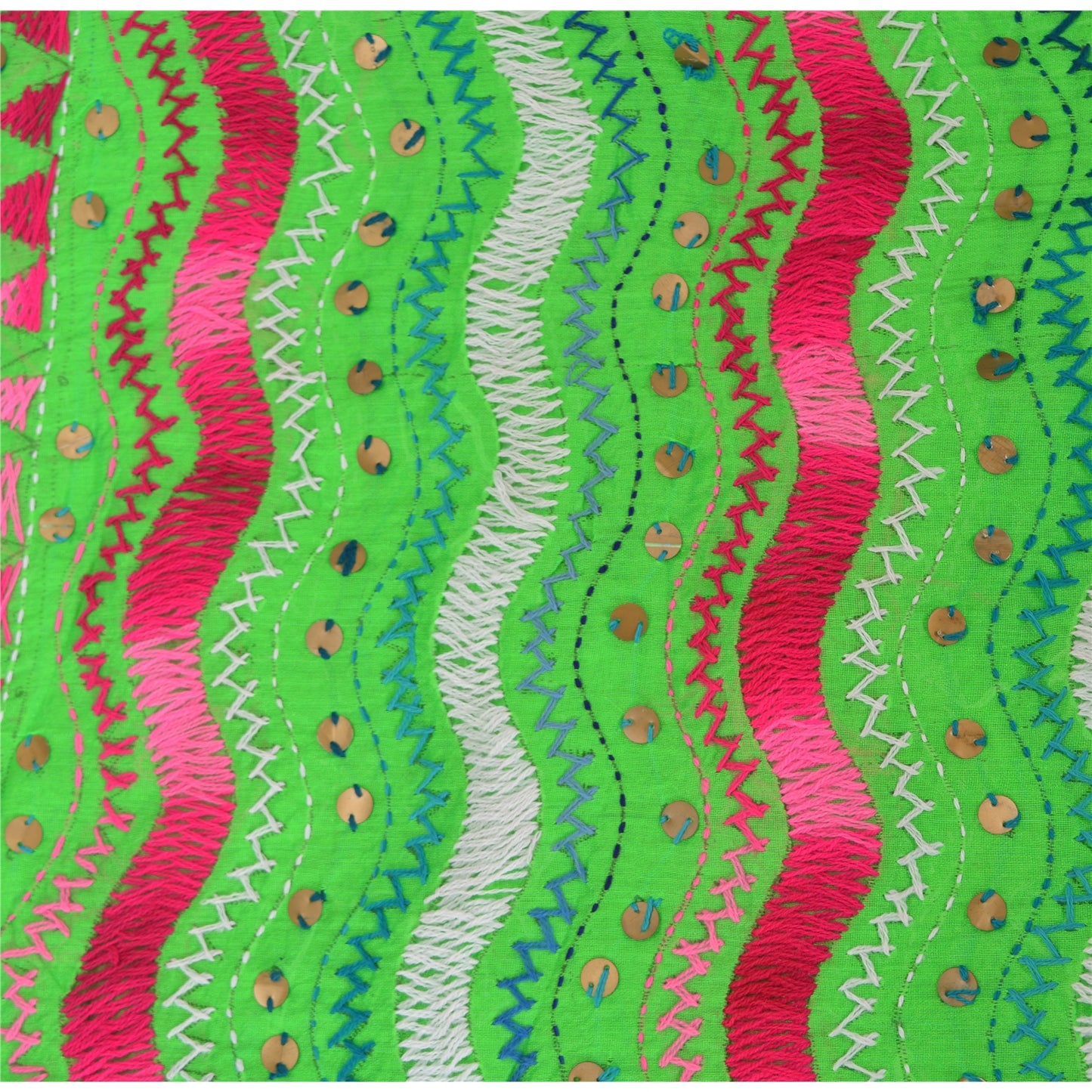 Sanskriti Vintage Green Dupatta Pure Cotton Handmade Phulkari Wrap OOAK Stole