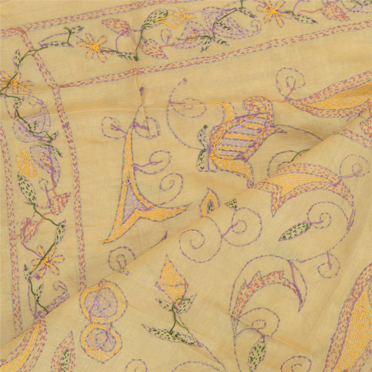Sanskriti Vintage Cream Dupatta Pure Silk Hand Embroidered Kantha Special Stole West Bengal OF India Textile Heritage, Home Decor, Sewing
