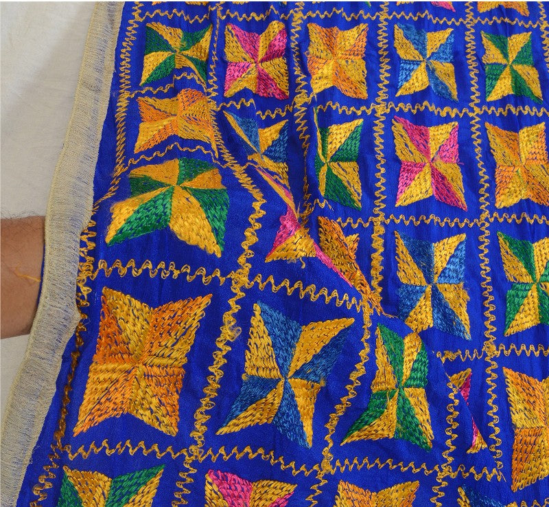 Sanskriti Vintage Blue Dupatta Chiffon Silk Bagh Phulkari Embroidery OOAK Stole