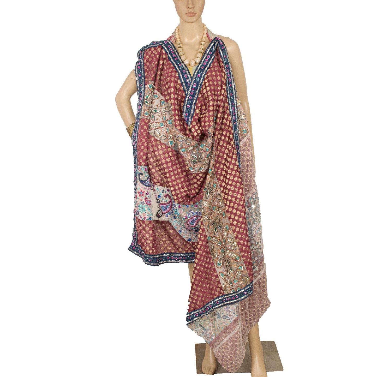 Sanskriti Vintage Pink Dupatta Net Mesh Stole Hand Beaded Woven Zari Scarves