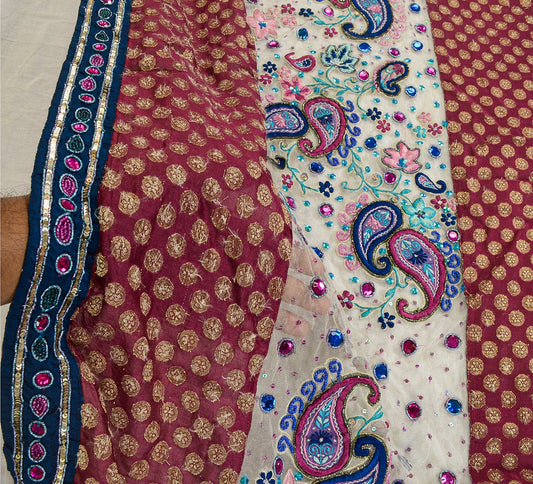 Sanskriti Vintage Pink Dupatta Net Mesh Stole Hand Beaded Woven Zari Scarves