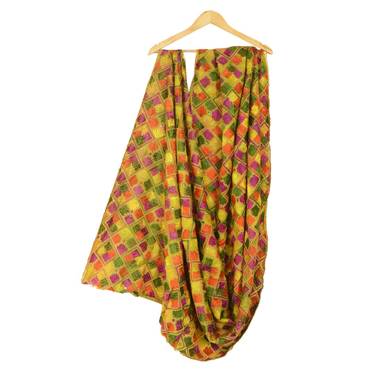 Sanskriti Vintage Green Dupatta Pure Cotton Handmade OOAK Bagh Phulkari Stole