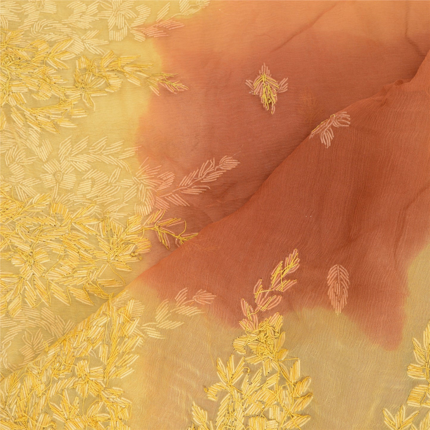 Sanskriti Vintage Dupatta Pure Chiffon Silk Hand Embroidered Zari Zardozi Cream & Orange Stole Indian Craft Supplies Fabric