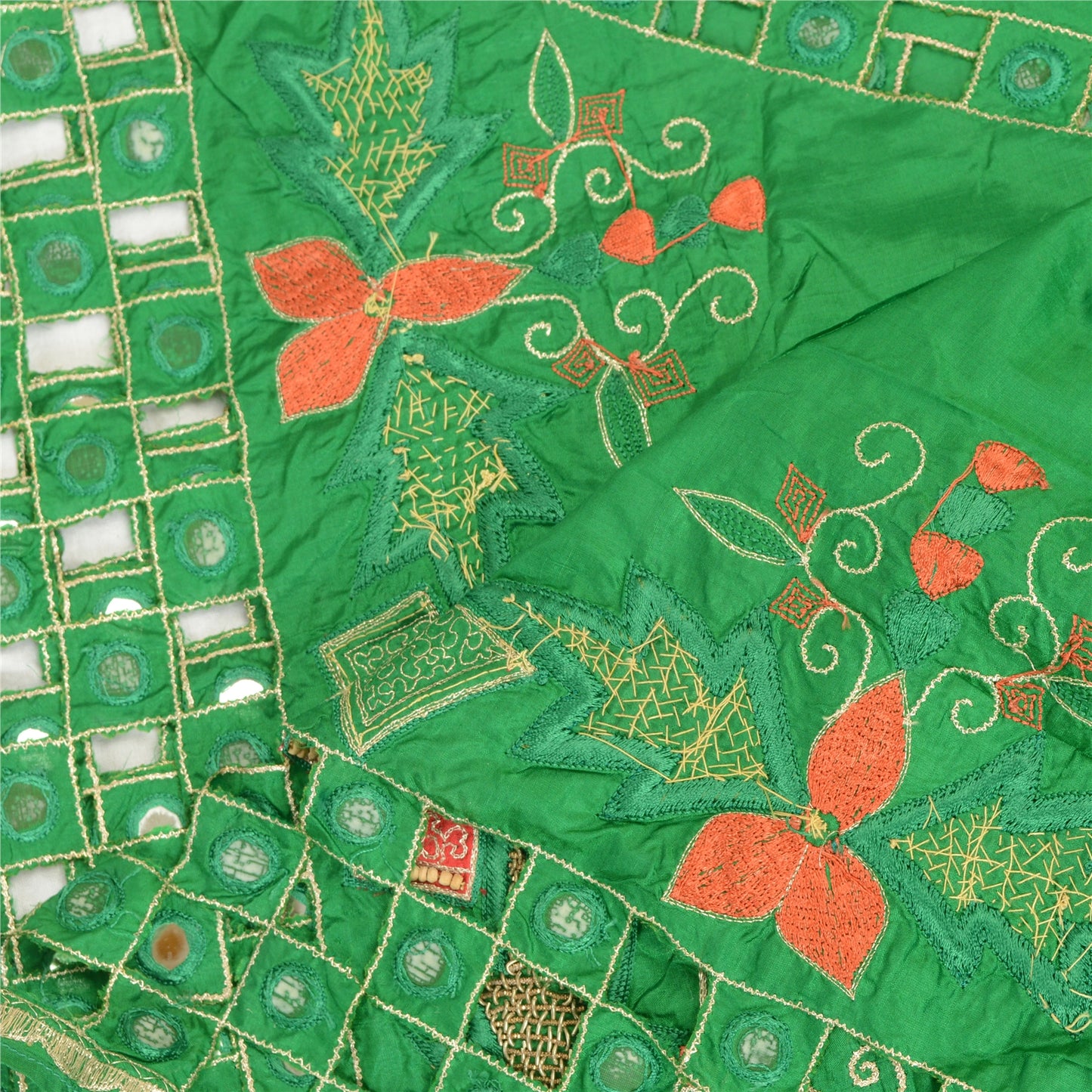 Sanskriti Vintage Green Pure Silk Dupatta Hand Beaded Zardozi Mirror Work Stole Create Dresses, Kaftan, Skirt, Top, Projects,Decor, Sewing