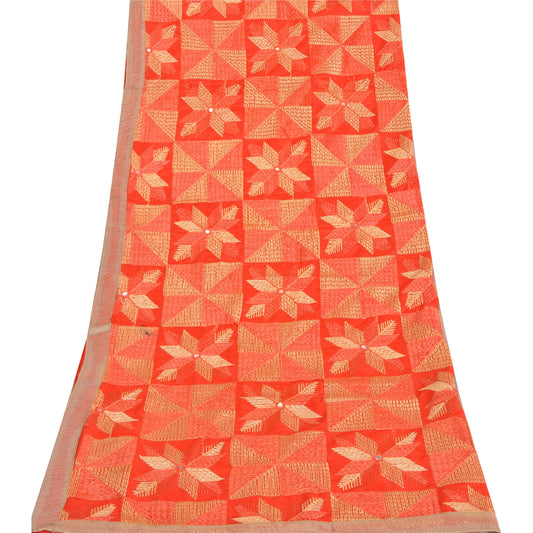 Sanskriti Vintage Dupatta Hand Embroidered Art Silk Bagh Phulkari Stole Red Veil