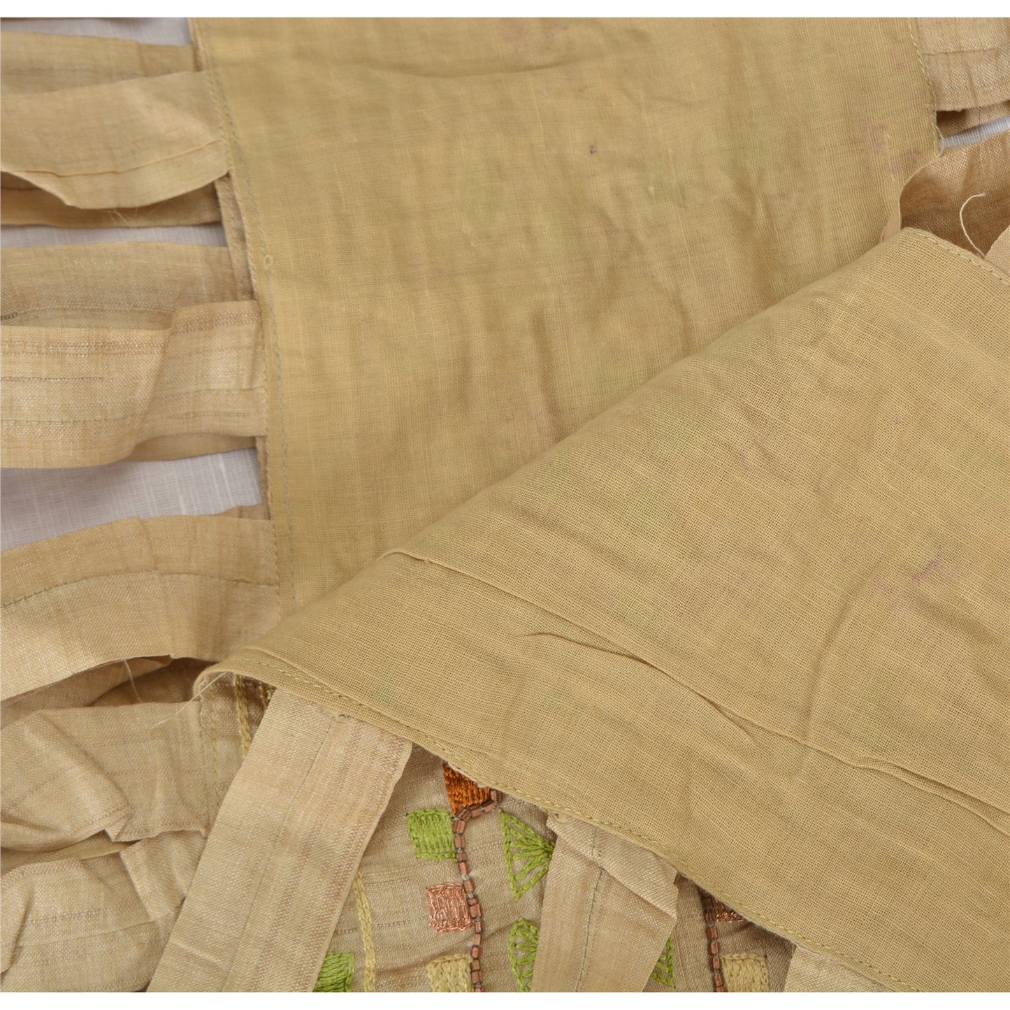 Sanskriti Vintage Cream Indian Dupatta Hand Beaded Cotton Silk Cut Work Stole