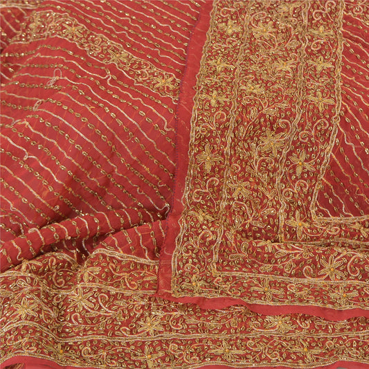 Sanskriti Vintage Indian Dupatta 100% Pure Georgette Silk Red Hand Beaded Stole