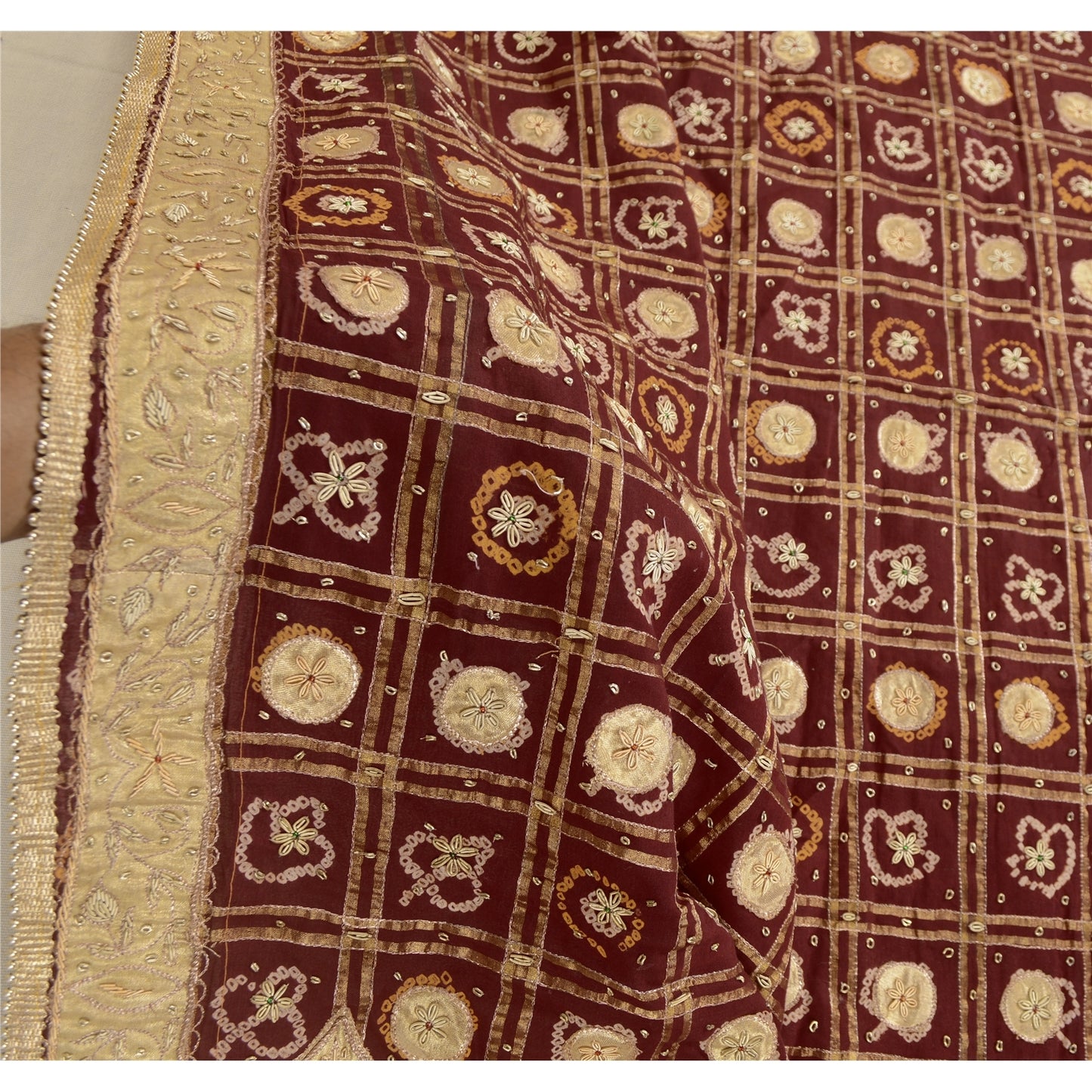 Sanskriti Vintage Red Dupatta Pure Cotton Hand Beaded Bandhani Zari Gujrat Stole