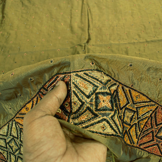 Sanskriti Vintage Long Dupatta Stole Pure Silk Green Hand Beaded Zardozi Scarves