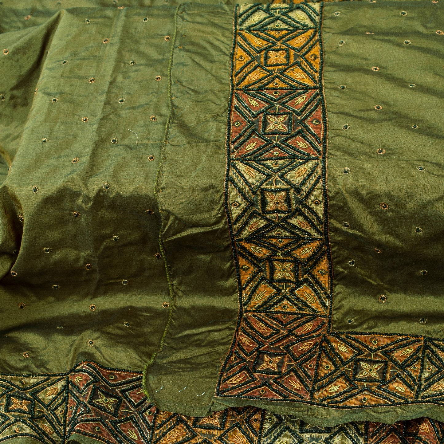 Sanskriti Vintage Long Dupatta Stole Pure Silk Green Hand Beaded Zardozi Scarves