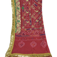 Sanskriti Vintage Long Dupatta Stole Pure Silk Red Hand Beaded Bandhani Scarves