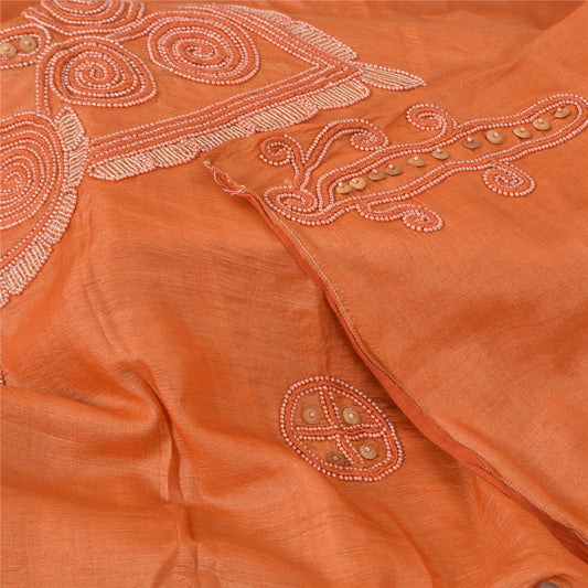Sanskriti Vintage Long Dupatta/Stole Orange Pure Silk Hand Beaded Scarf Veil
