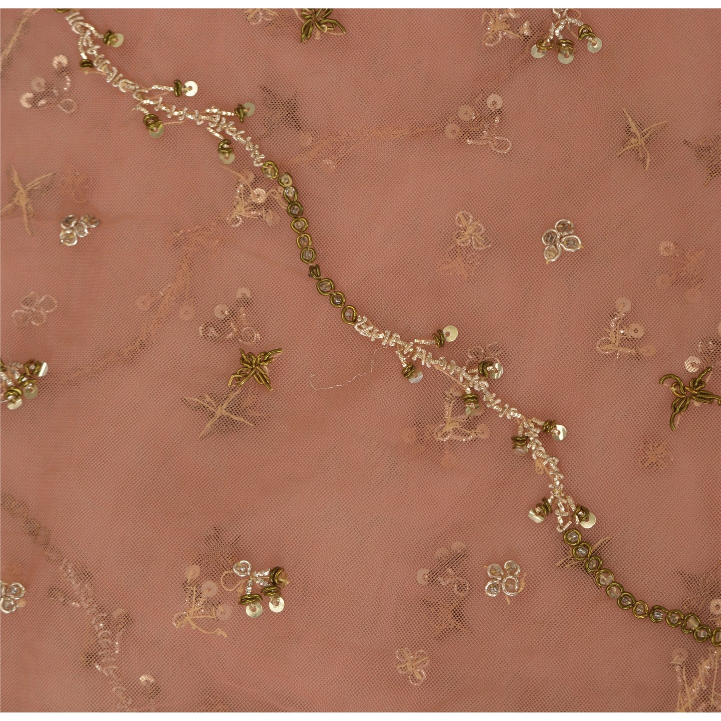 Sanskriti Vintage Long Indian Dupatta Pink Net Mesh Hand Beaded Zardozi Stole