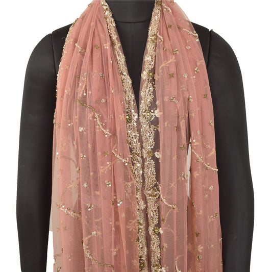Sanskriti Vintage Long Indian Dupatta Pink Net Mesh Hand Beaded Zardozi Stole