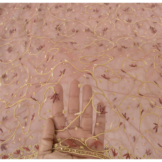 Sanskriti Vintage Pink Net Mesh Dupatta Hand Embroidery Zardozi Dabka Neck Stole