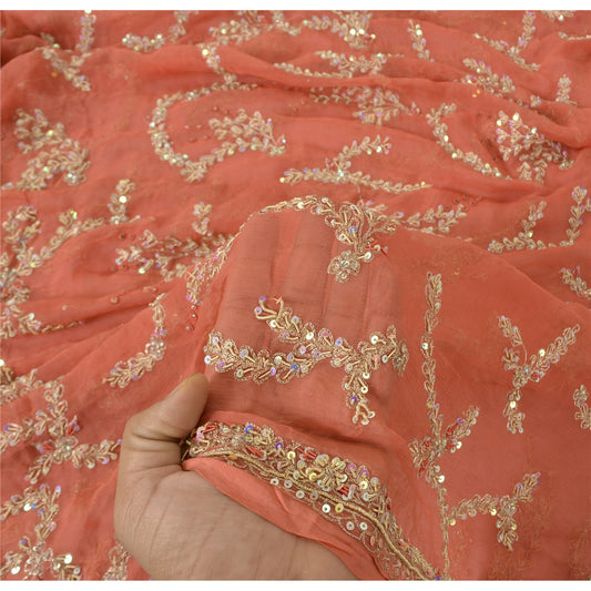 Sanskriti Vintage Coral Dupatta Long Stole Pure Chiffon Silk Hand Beaded Scarves